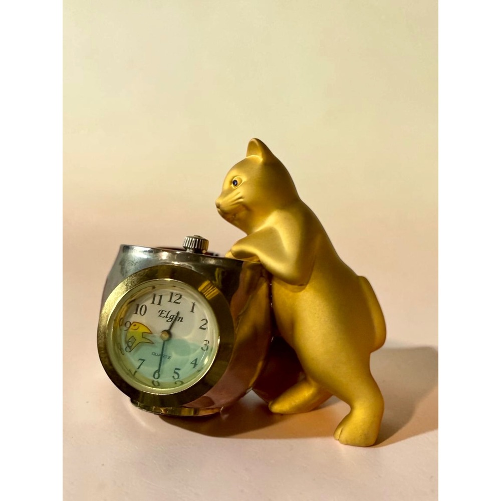 Elgin Miniature Desk Clock Cat and Fishbowl Figurine Gold Silver Tone Quartz